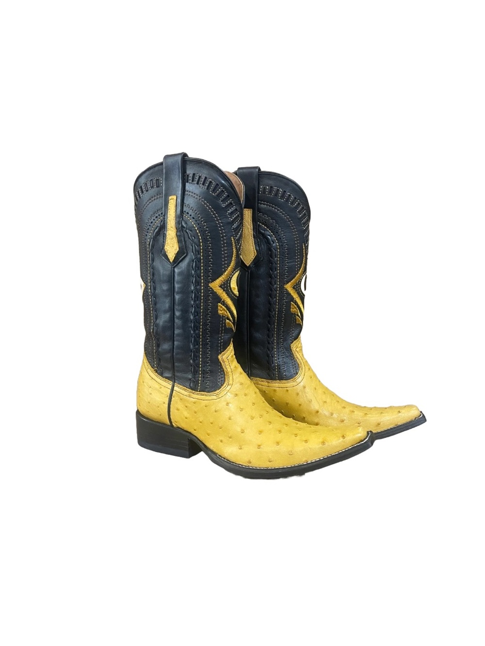 Black & Yellow Ostrich/Avestruz Leather Cowboy Boots